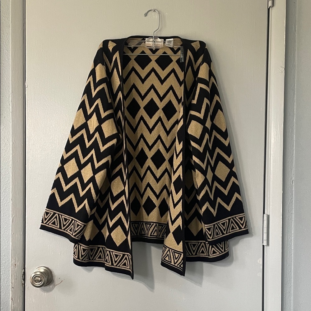Alfred Dunner Black and Cream glitter Geometric Open-Front Cardigan